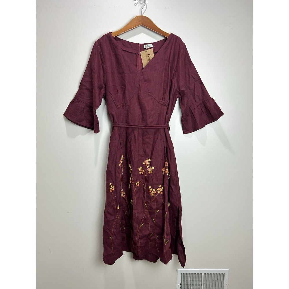 Hand Made By Gaia Linen Embroidered Floral Maroon Red Midi Dress Sz M/L